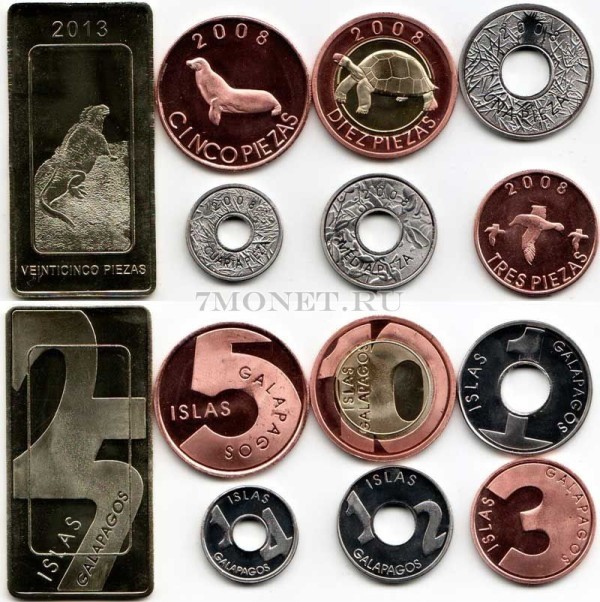 Галапагосские острова набор из 7-ми монет 2008,2013 год фауна