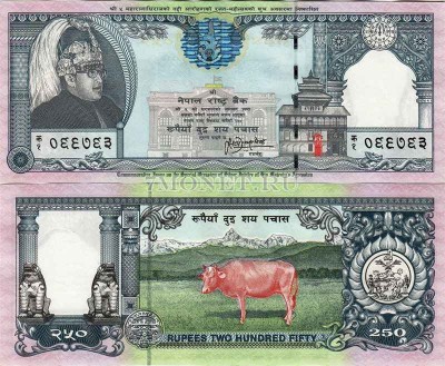 бона Непал 250 рупий 1997 год 25 лет правления 5-го короля Непала - Бирендры