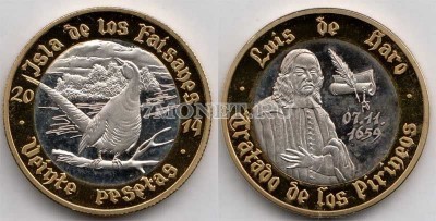 монета Остров Фазанов 20 песет 2014 год кардинал Джулио Мазарини