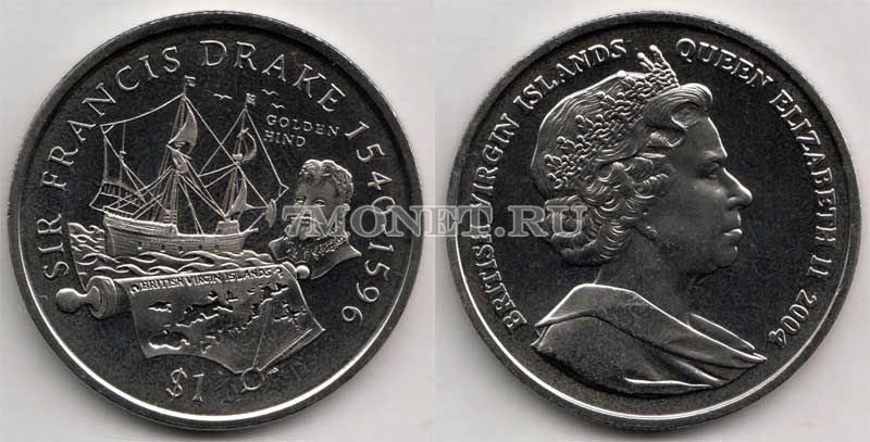 монета Виргинские острова 1 доллар 2004 год Френсис Дрейк