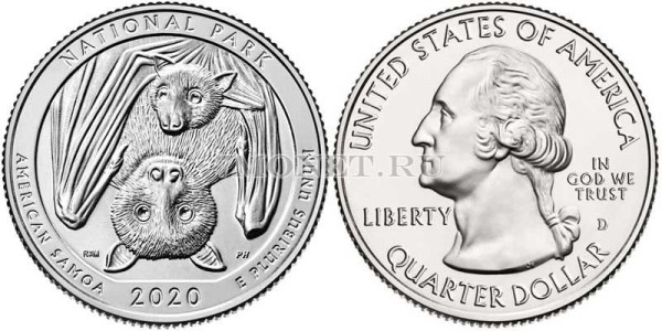 США 25 центов 2020D год Национальный парк Американского Самоа - Летучая мышь, 51-й