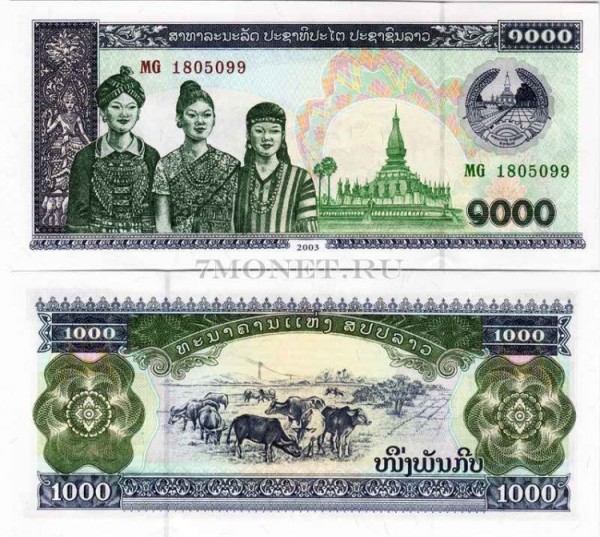бона Лаос 1000 кипов 1998-2003 год