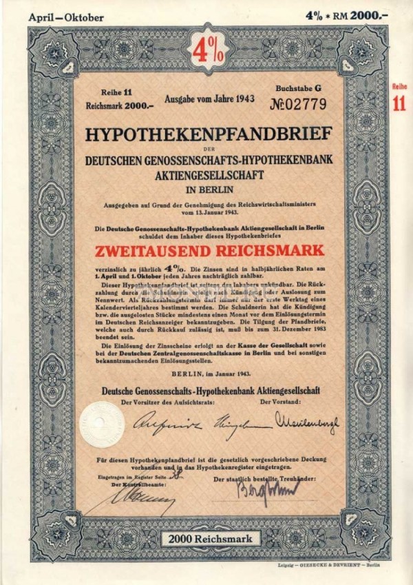 Германия Облигация Ипотека 4 % 2000 Gm 1943