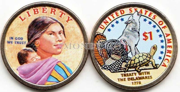 монета США 1 доллар 2013 год серии «Коренные американцы»  Дэлаверский договор эмаль