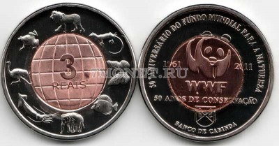 монета Редонда 3 рейса 2011 год 50 лет Всемирный фонду дикой природы