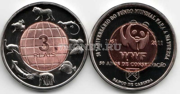 монета Редонда 3 рейса 2011 год 50 лет Всемирный фонду дикой природы