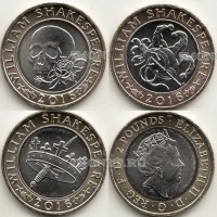 Великобритания набор из 3-х монет 2 фунта 2016 год 400 лет со дня смерти Уильяма Шекспира. История, трагедия, комедия