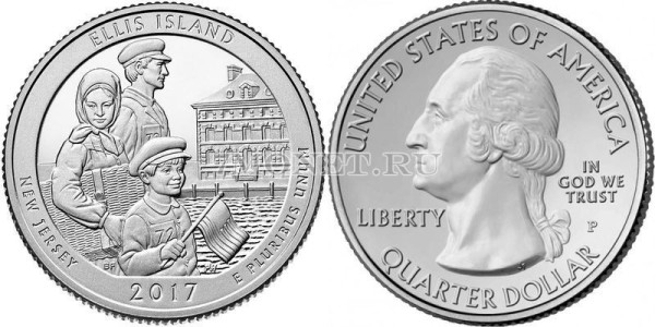 США 25 центов 2017D год штат Нью-Джерси Национальный монумент острова Эллис, 39-й