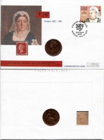 монета Великобритания 1 пенни 1901 год Виктория с марками в конверте