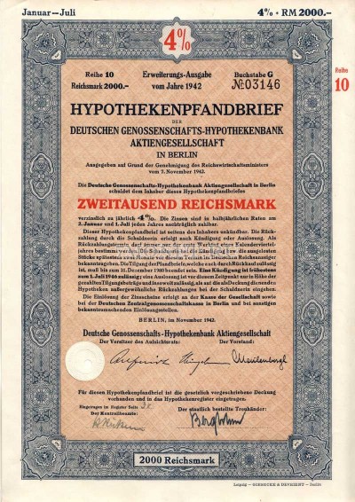Германия Облигация Ипотека 4 % 2000 Gm 1942