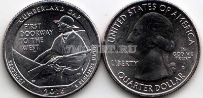 США 25 центов 2016D год штат Кентукки, Национальный исторический парк Камберл...
