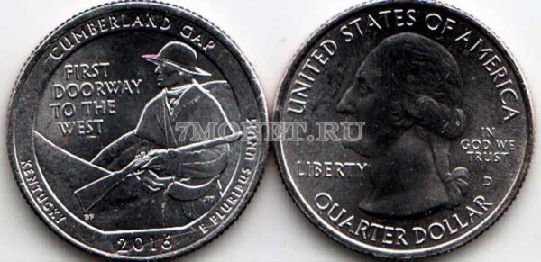 США 25 центов 2016D год штат Кентукки, Национальный исторический парк Камберленд Гэп, 32-й