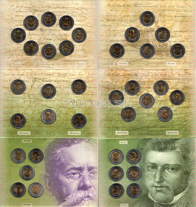 Мексика набор из 38 монет 5 песо 2008-2010 год «К 100-летию Революции и 200-летию Независимости» в 6-ти оригинальных буклетах, биметалл  