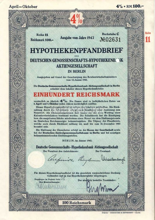 Германия Облигация Ипотека 4 % 100 Gm 1943