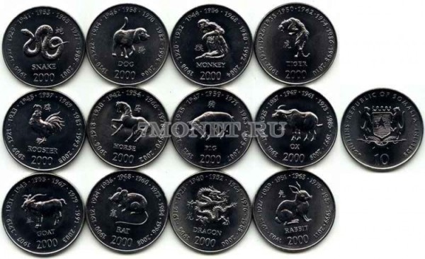 Сомали набор из 12 монет Лунный календарь 2000 год