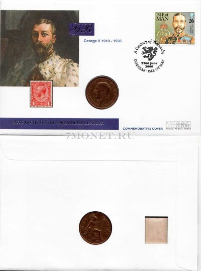 монета Великобритания 1 пенни 1929 год Георг V с марками в конверте