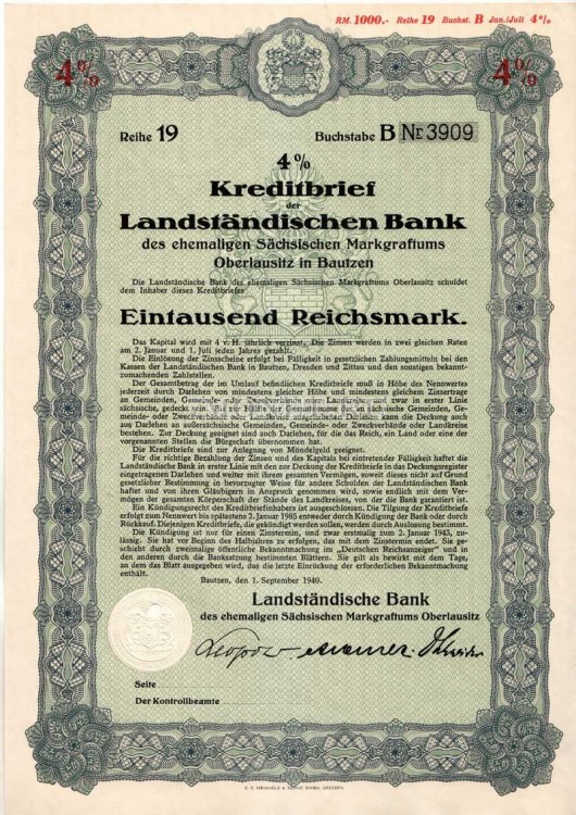 Германия Облигация займа 4% на 1000 Рейхсмарок 1940. Баутцен