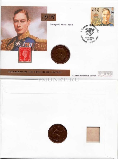 монета Великобритания 1 пенни 1939 год Георг VI с марками в конверте