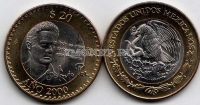 монета Мексика 20 песо 2000 год мексиканский поэт Октавио Пас,  биметалл
