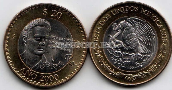 монета Мексика 20 песо 2000 год мексиканский поэт Октавио Пас,  биметалл