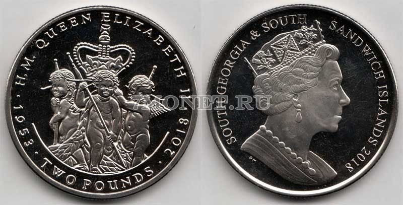 монета Сандвичевы острова 2 фунта 2018 год 65 лет коронации королевы Елизаветы II