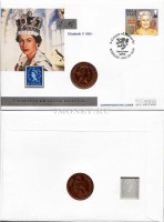 монета Великобритания 1 пенни 1965 год Елизавета II с марками в конверте