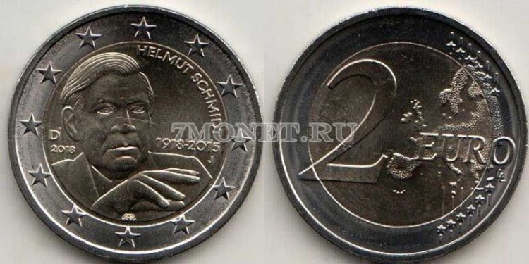 монета Германия 2 евро 2018 год Хельмут Шмидт, мон. двор J