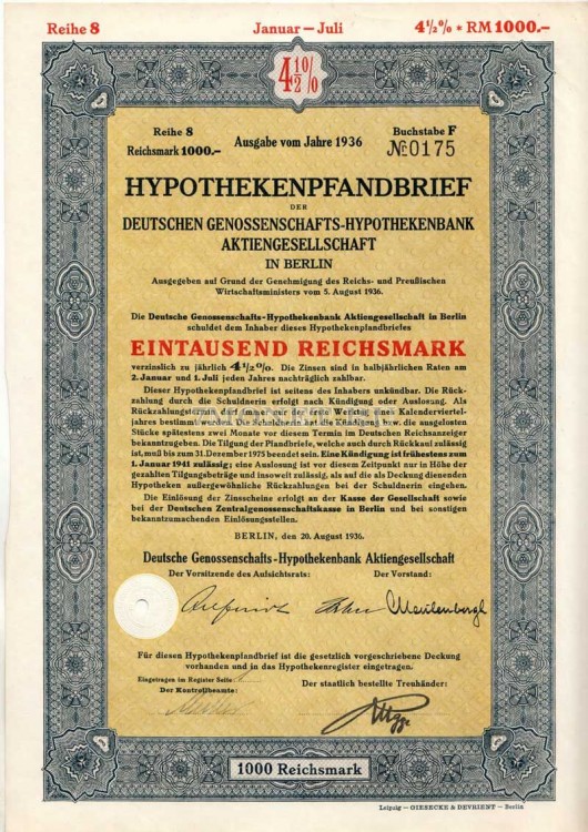 Германия Облигация Ипотека 4,5 % 1000 Gm 1936