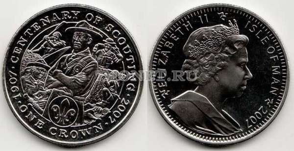 монета Остров Мэн 1 крона 2007 год 100-летие скаутинга