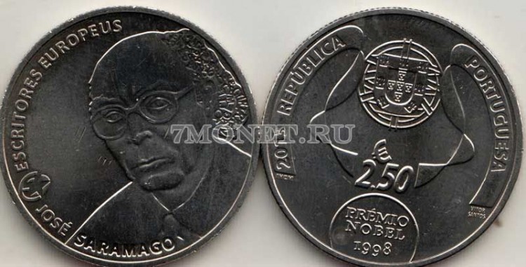 монета Португалия 2,5 евро 2013 год Жозе Сарамаго - лауреат Нобелевской премии по литературе