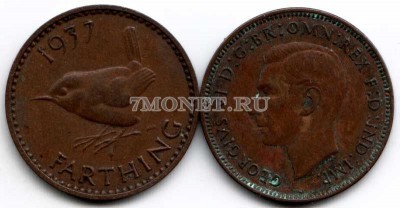 монета Великобритания 1 фартинг 1937 год Георг VI