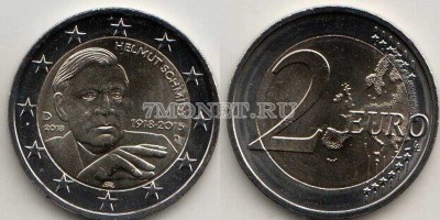 монета Германия 2 евро 2018 год Хельмут Шмидт, мон. двор D