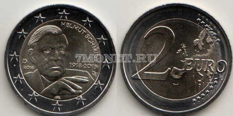 монета Германия 2 евро 2018 год Хельмут Шмидт, мон. двор D
