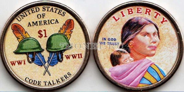 монета США 1 доллар 2016 год Радисты-шифровальщики Первой и Второй мировых войн, эмаль