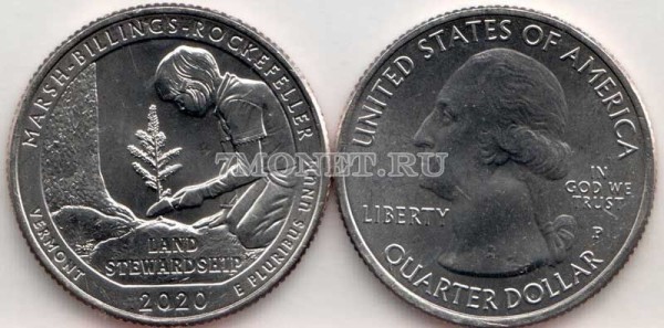 США 25 центов 2020Р год Вермонт Национальный исторический парк Рокфеллера, 54-й