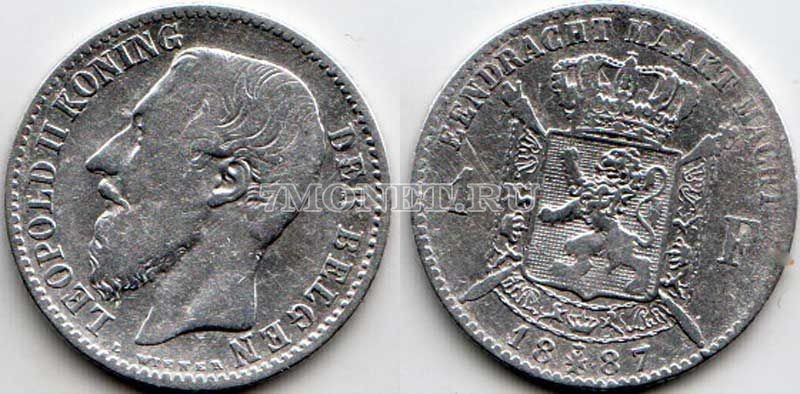 монета Бельгия 1 франк 1887 год Король Леопольд II