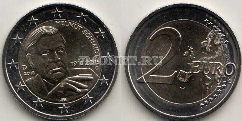 монета Германия 2 евро 2018 год Хельмут Шмидт, мон. двор G
