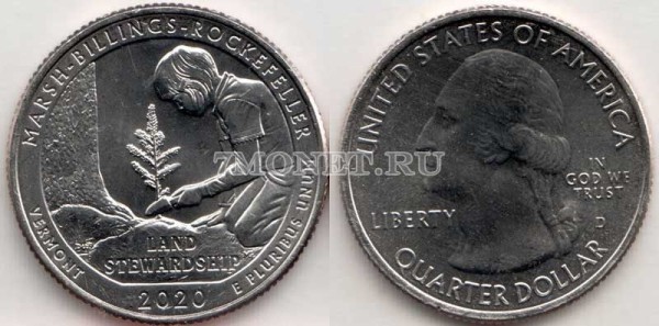 США 25 центов 2020D год Вермонт Национальный исторический парк Рокфеллера, 54-й