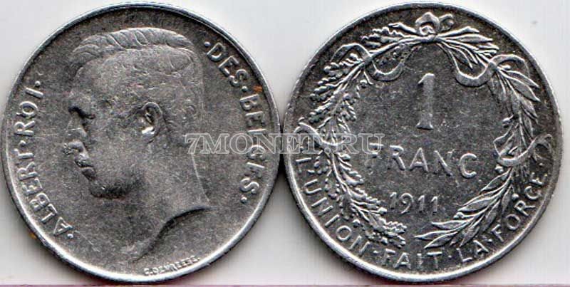 монета Бельгия 1 франк 1911 год Король Альберт I «DES BELGES»