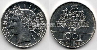 монета Франция 100 франков 1988 год содружество