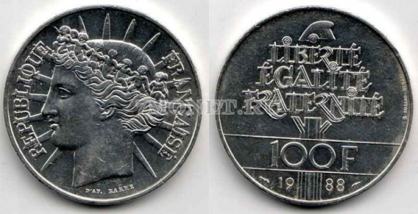 монета Франция 100 франков 1988 год содружество