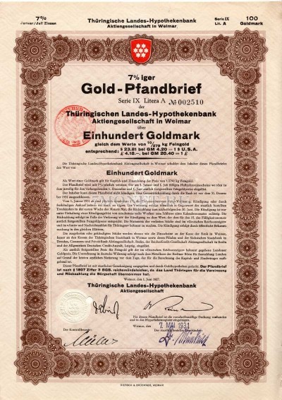 Германия Облигация 100 Золотых марок 1927. Веймар