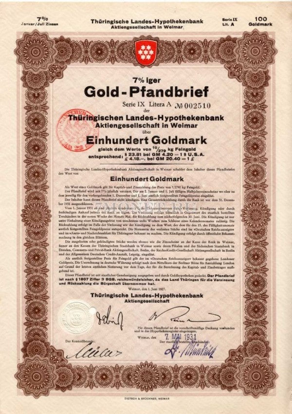 Германия Облигация 100 Золотых марок 1927. Веймар