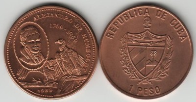 монета Куба 1 песо 1989 год 220 лет со дня рождения Александра фон Гумбольдта