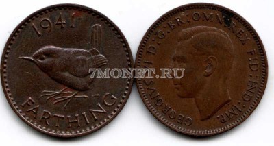монета Великобритания 1 фартинг 1941 год Георг VI