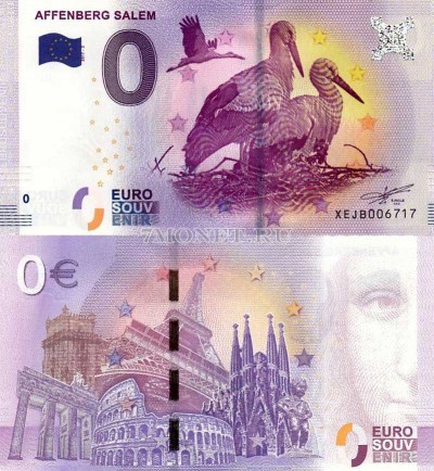 0 евро 2017 год сувенирная банкнота. Аисты в природоохранном парке «Аффенберг...