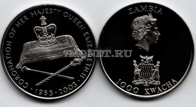 монета Замбия 1000 квачей 2003 год 50 лет коронации Елизаветы II