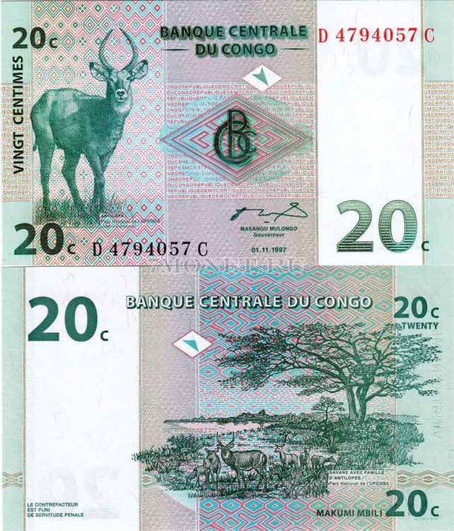 бона Конго 20 сантимов 1997 год