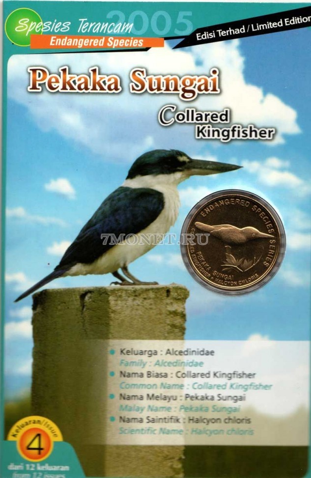 монета Малайзия 25 сен 2005 год Белошейная альциона в буклете