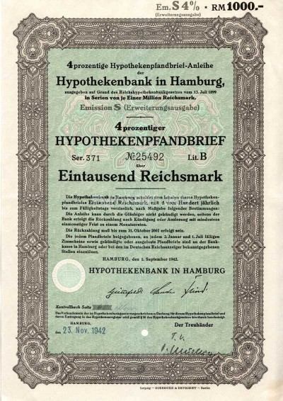 Германия Облигация Ипотека 4 % 1000 Gm 1942. Гамбург